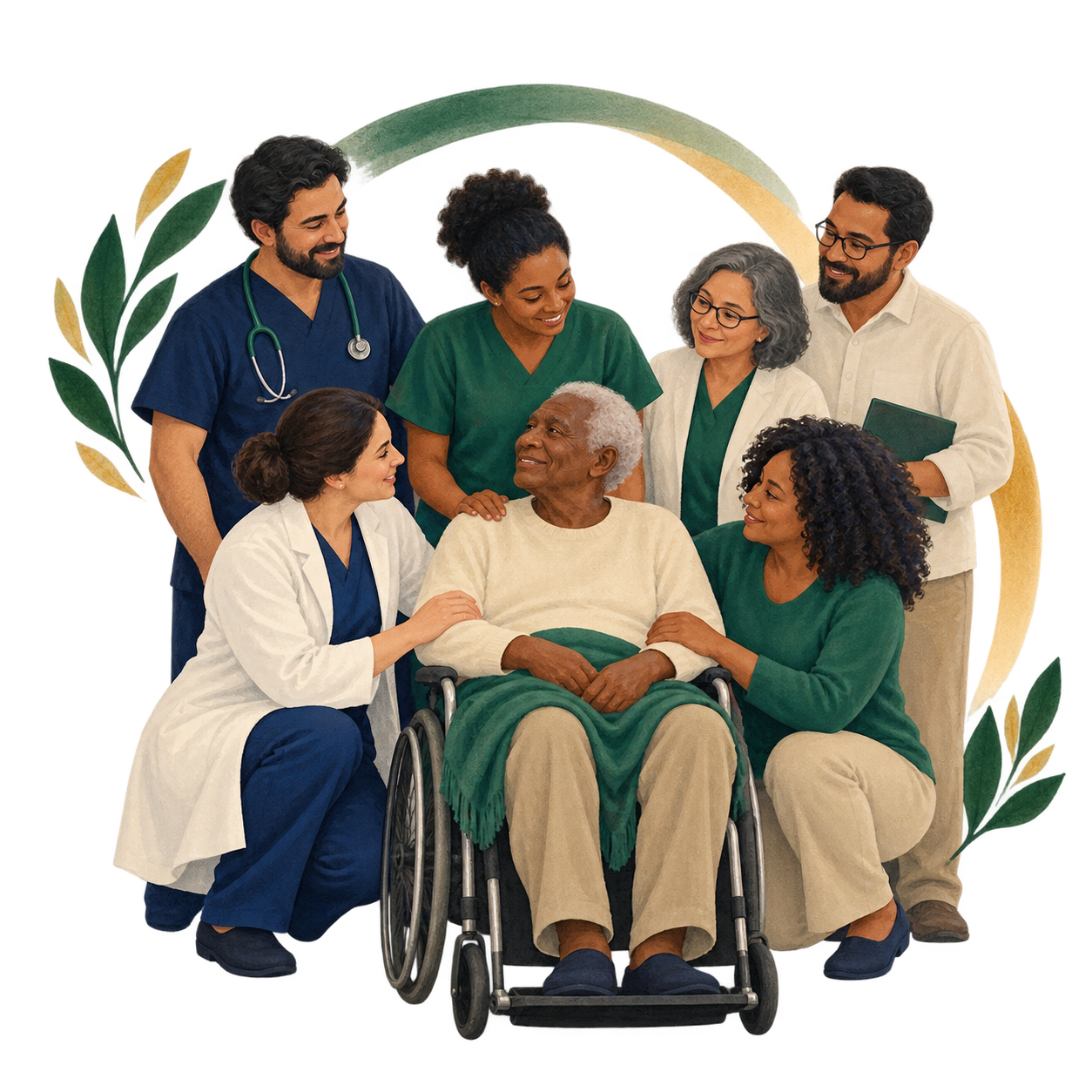 Equipe multiprofissional acolhendo um paciente e sua família